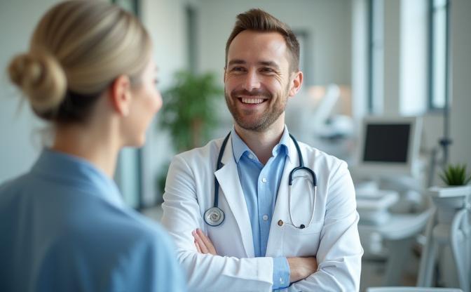 Modern bir klinikte danışanına gülümseyen uzman erkek sağlık danışmanı.